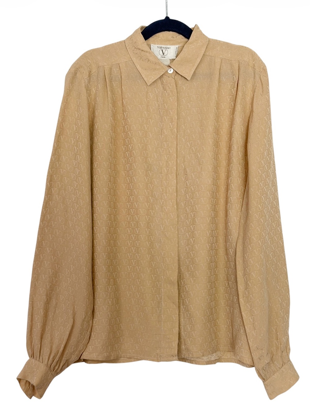 Vintage Valentino Studio Tan Silk Logo Button-Front Long-Sleeve Blouse Size 4